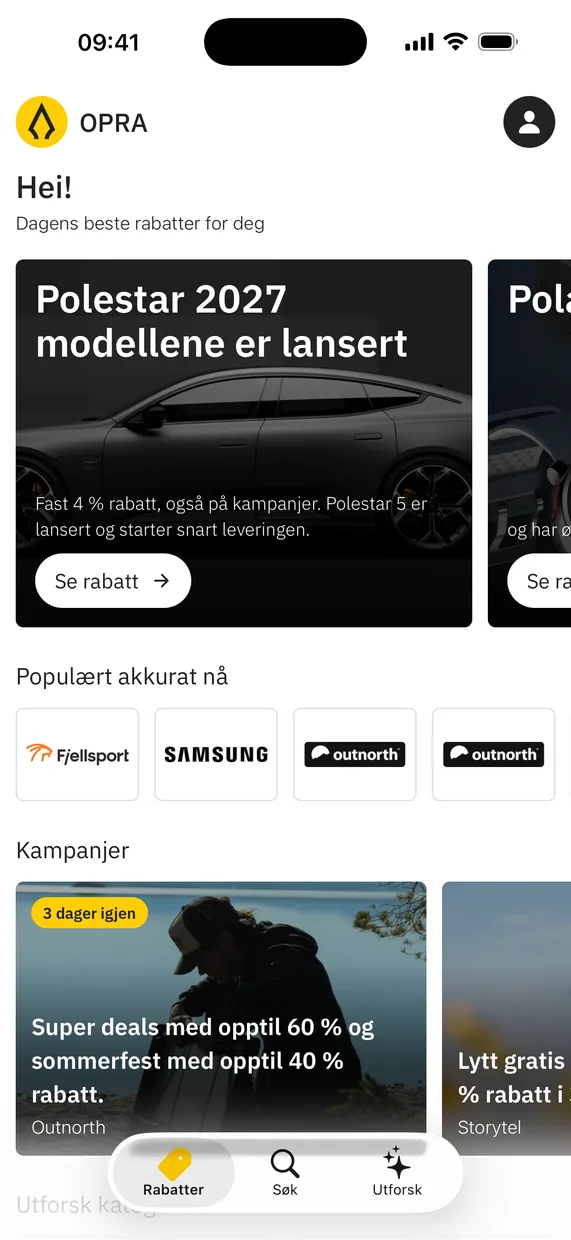 Forsiden i OPRA-appen, med utvalgte rabatter og kampanjer