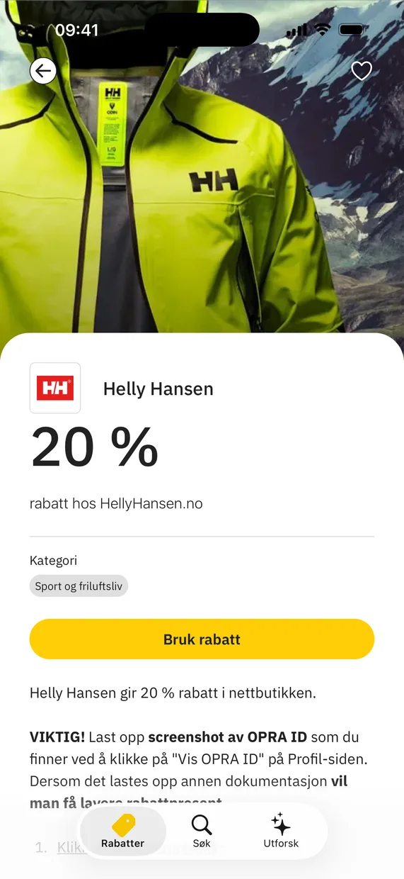 En rabatt i OPRA-appen, med rabattkode og vilkår